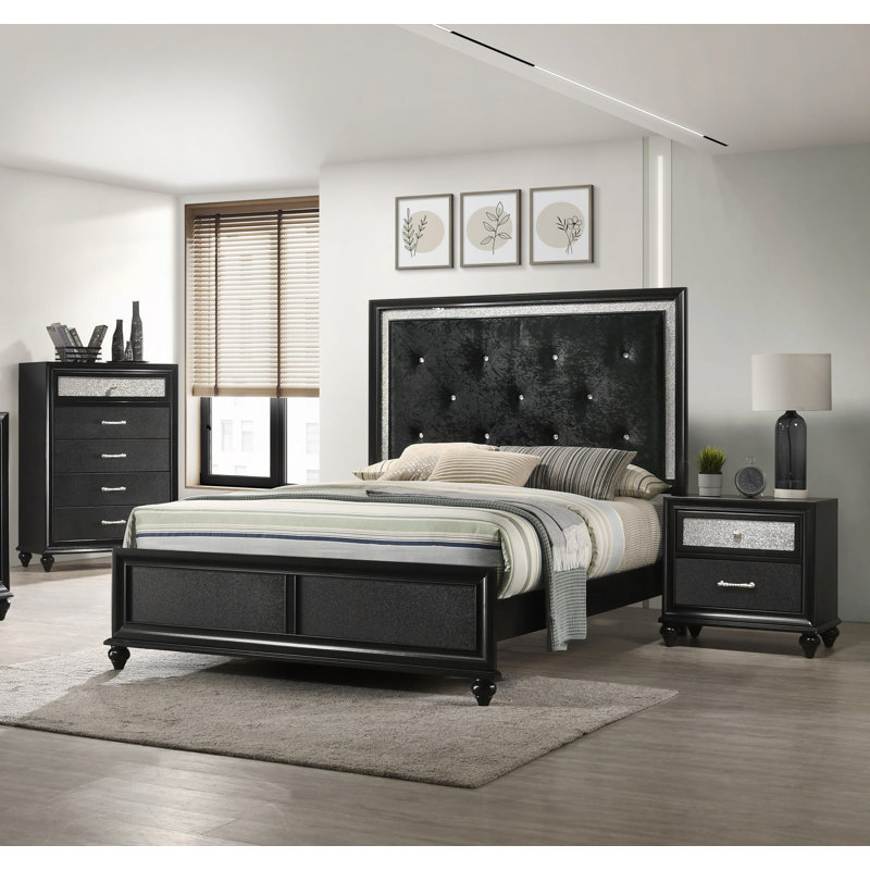 Table de chevet 1Pc, 2 tiroirs, table de bout, finition noire, meubles de chambre en bois massif scintillant