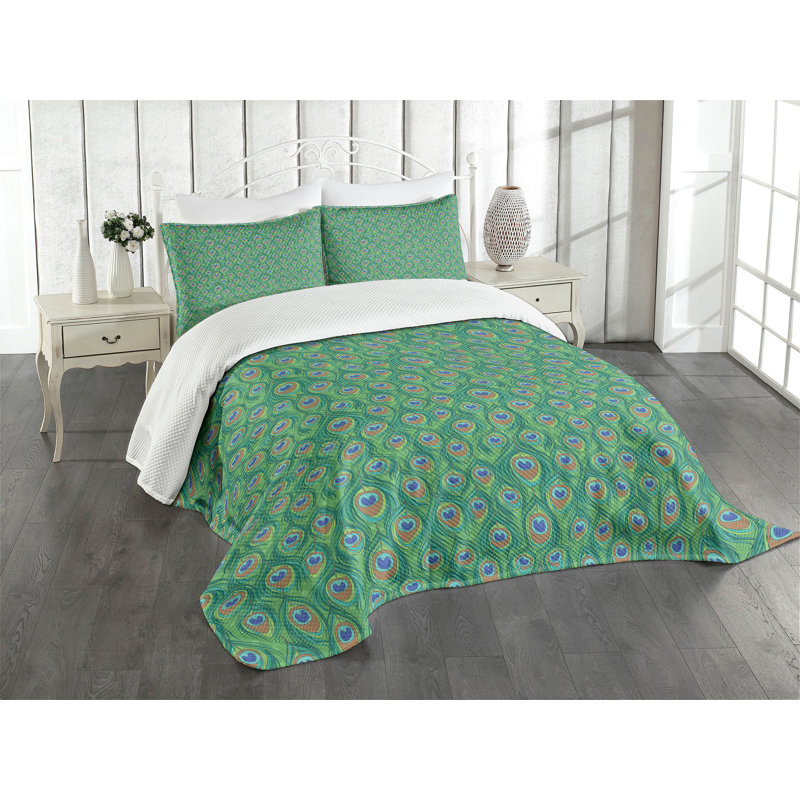 Adinath Green/Orange Microfibre Bedspread Set, 220 x 264 cm Bedspread - 2 Shams