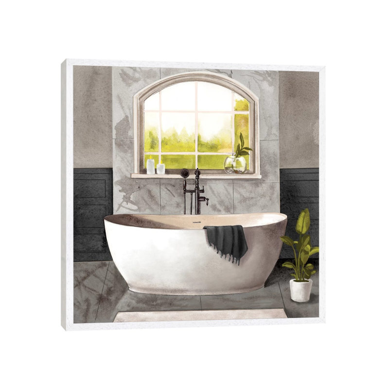 Marble Bath I Black And White by Bannarot - Painting on Canvas, 45.72cm H x 45.72cm W x 3.81cm D, White Framed