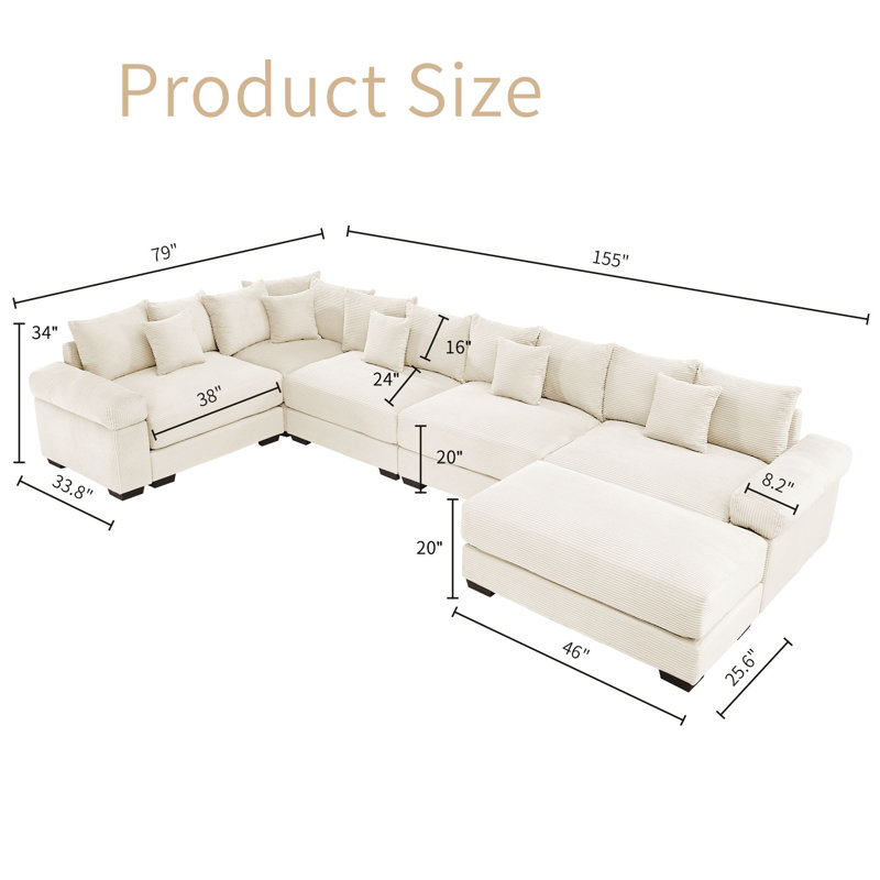 Canapé modulaire surdimensionné en L de 155 po avec repose-pieds en tissu velours côtelé, Velours côtelé beige