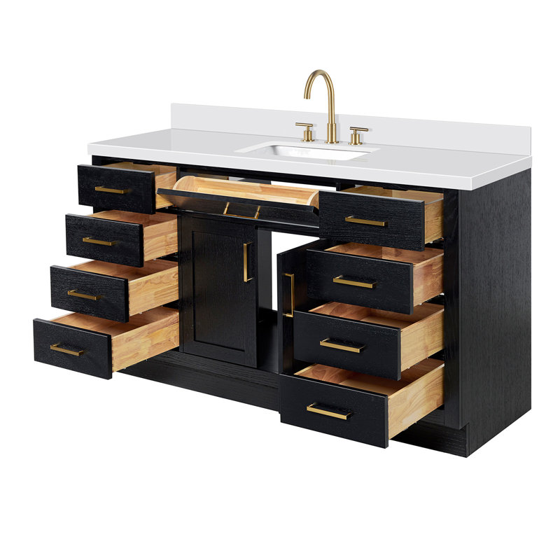 Thornaby 66'' Solid Wood Single Bathroom Vanity with 1.5'' White Quartz Top, Rectangular, Black Oak