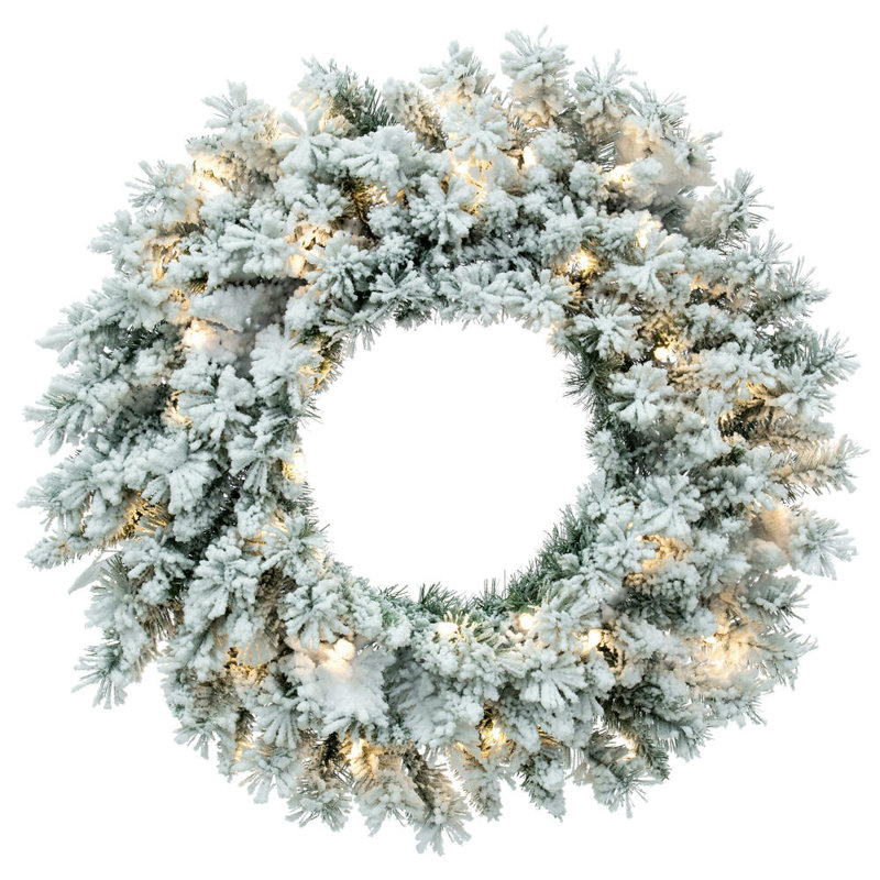 One Allium Way® 36" Flocked Utica Fir Artificial Wreath with 100 Warm White LED Mini Lights, 30" H x 30" W