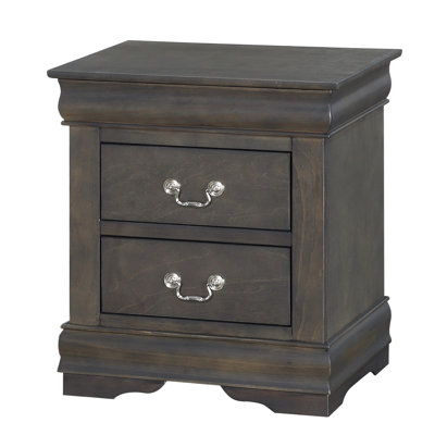 Dark Gray Traditional Style Bedroom Nightstand, 2 Drawers, Center Metal Glide, Nickel Tone Handle, 21 Inches Wide, 15 Deep, 24 High, No Assembly Neede