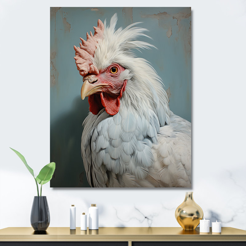 «Majestic Rooster Portrait» - Art mural animal, Toile tendue, H 32 po x l 24 po