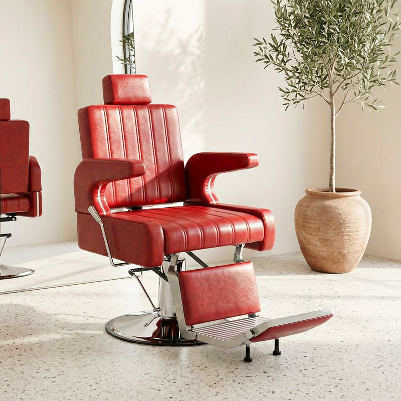Heavy-Duty Professional Reclining Barber Chair With Hydraulic Pump, Red/Silver