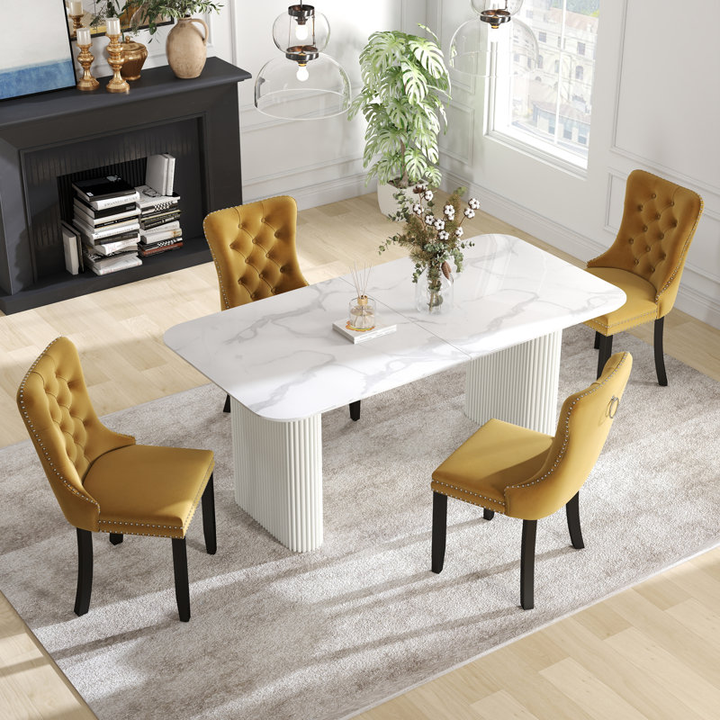 Ensemble de salle à manger rectangulaire à double piédestal avec table de salle à manger de style crème, 5, Jaune