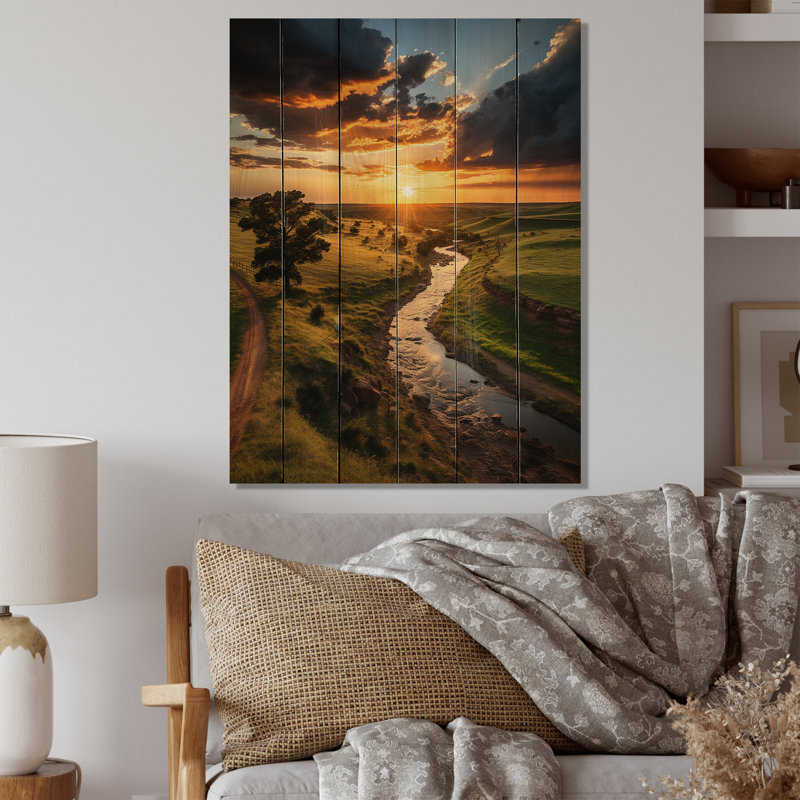 Paysage de la rivière Oklahoma II - impression sur bois de pin naturel de l'Oklahoma, H 20 po x l 10 po x P 0,78 po