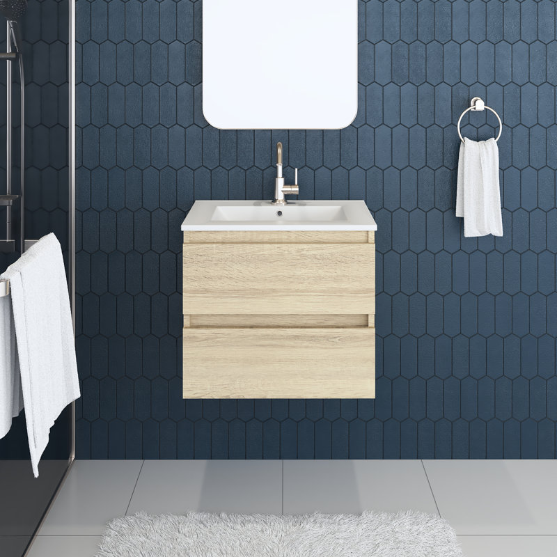 Salt 24'' Single Bathroom Vanity with Ceramic Top, White Oak