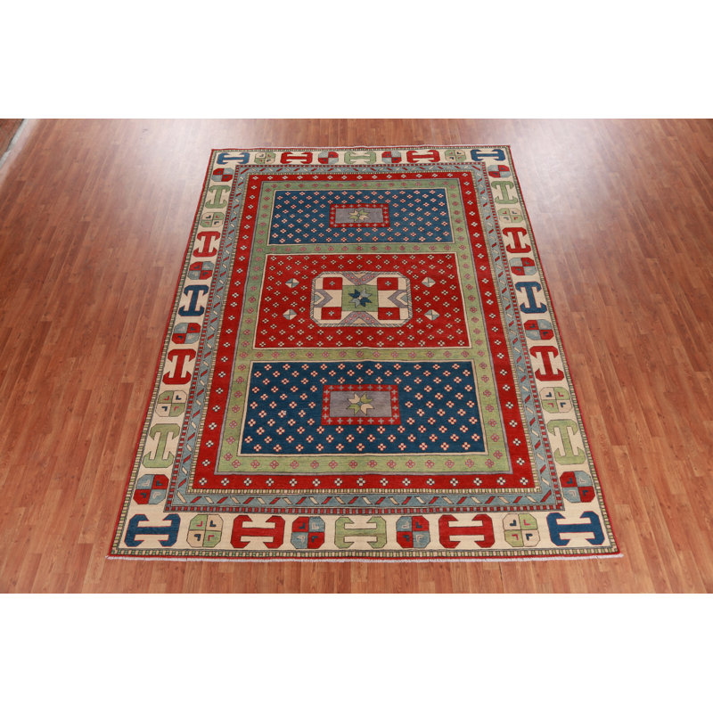 Vegetable Dye Geometric Kazak Oriental Area Rug