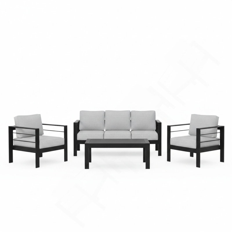 Ensemble de conversation moderne en aluminium 4 pièces pour patio, canapé 5 places avec coussins épais et table basse, Black