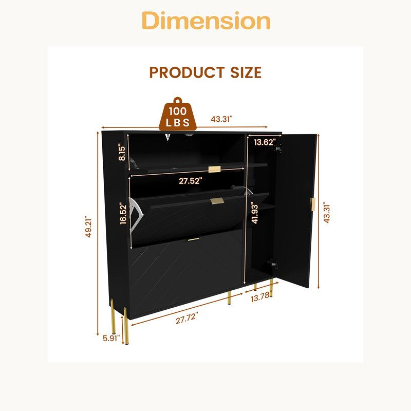 MDF Shoe Storage Cabinet With Flip-Up Drawers And Shelves, Black