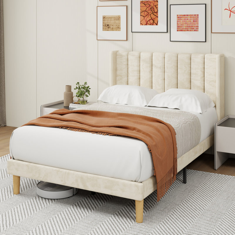 Lit plateforme tapissier à profil bas Sutter, Double, Beige