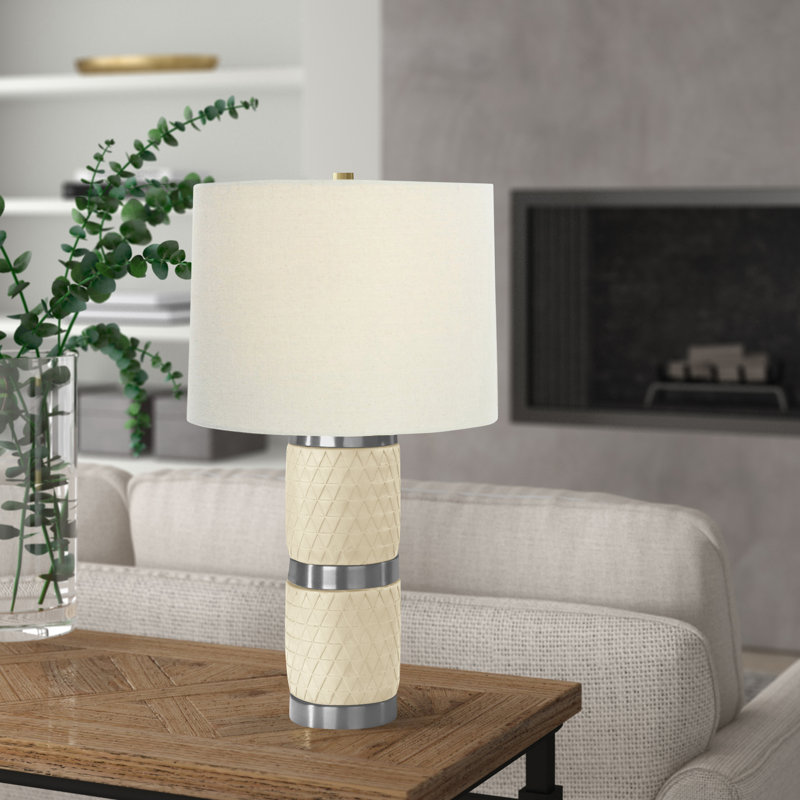 Raw Concrete Table Lamp with Aged Pewter Accents and Linen Shade, Cream