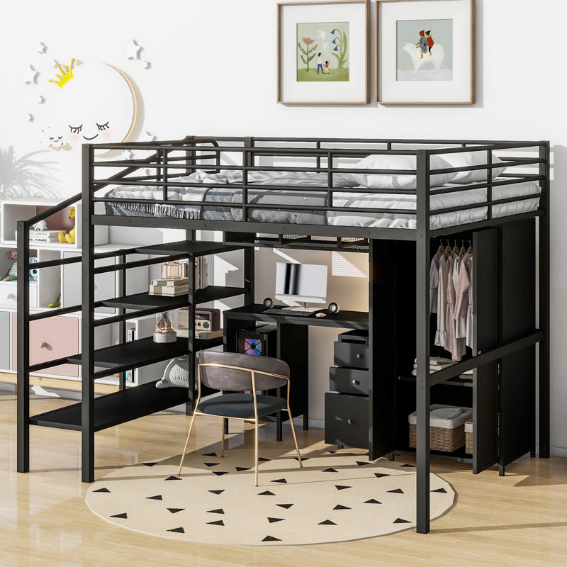 Lit mezzanine fonctionnel en métal avec ensemble de table intégré, garde-robe et échelle de rangement pour une vie confortable et un espace de travail productif