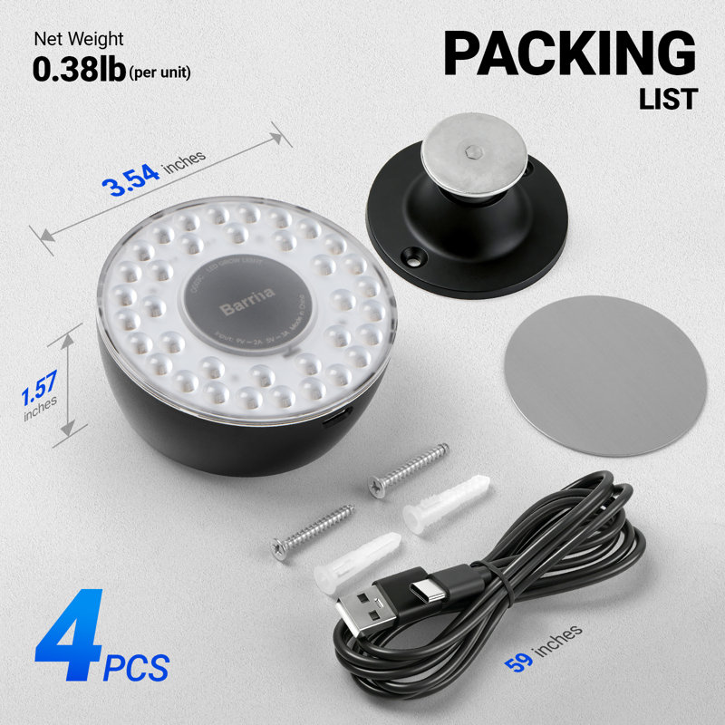 Barrina Orbgrow OG03C Puck Grow Light, 4000K, lumière à plante sans fil pour plantes d'intérieur, interrupteur magnétique et tactile avec minuterie, 4 paquets, noir