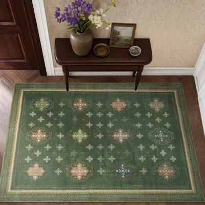  Washable Non-Slip Area Rug for Living Room, Slip Soft Low Pile Geometric Star Medallions Indoor Rug, Olive Green, 4'x6'
