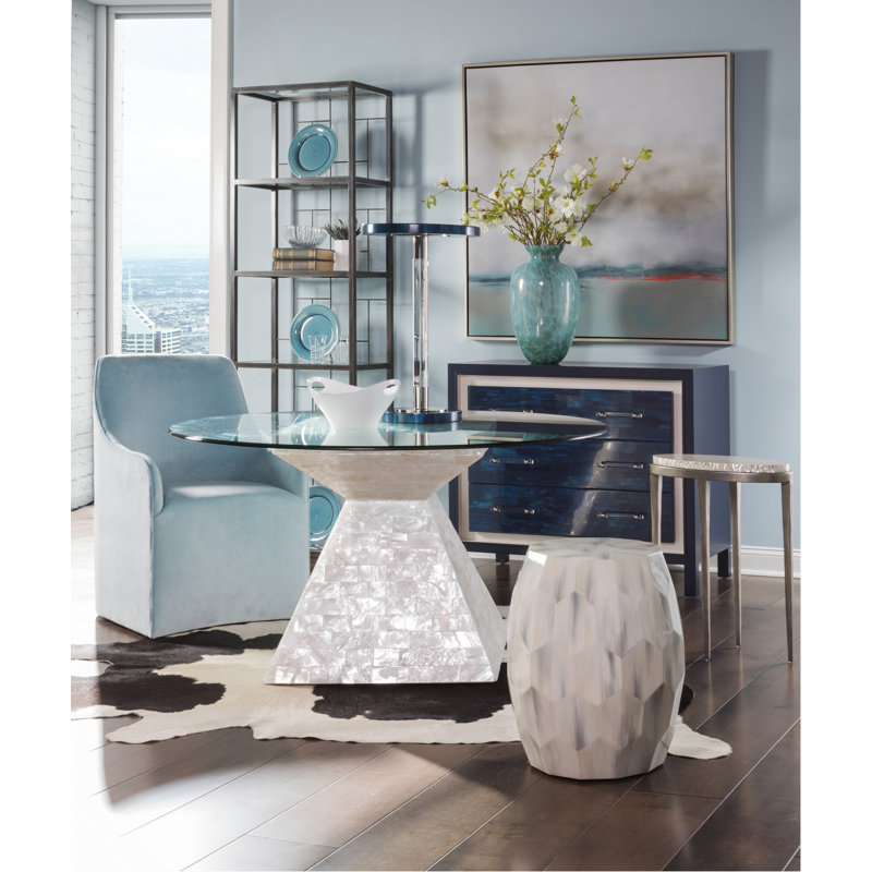 Contemporary Navy Blue Round Wood Spot Table with Polished Nickel Accents