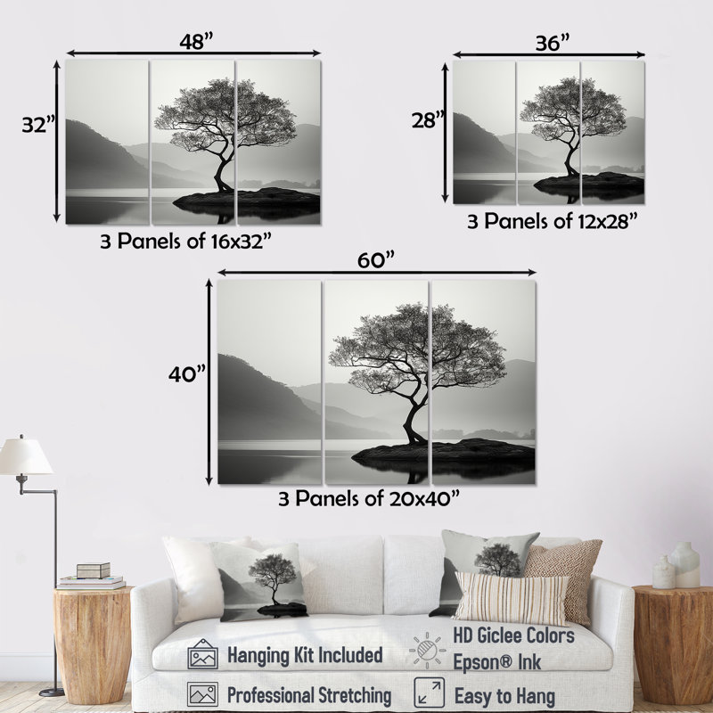 Arbre noir et blanc au bord du lac, photographie I - paysage de montagnes, ensemble d'art mural sur toile