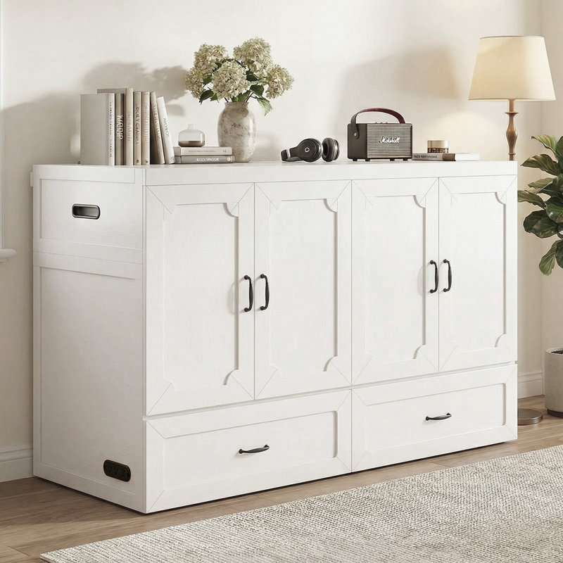 Grand lit escamotable avec station de charge avec matelas - capacité de 1200 lb, rangement supplémentaire et ports USB, Blanc