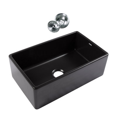 Austen Matte Black Fireclay 36"" Single Bowl Farmhouse Apron Front Undermount Kitchen Sink and Drain -  Sinkology, SK495-36FC-MB-SS