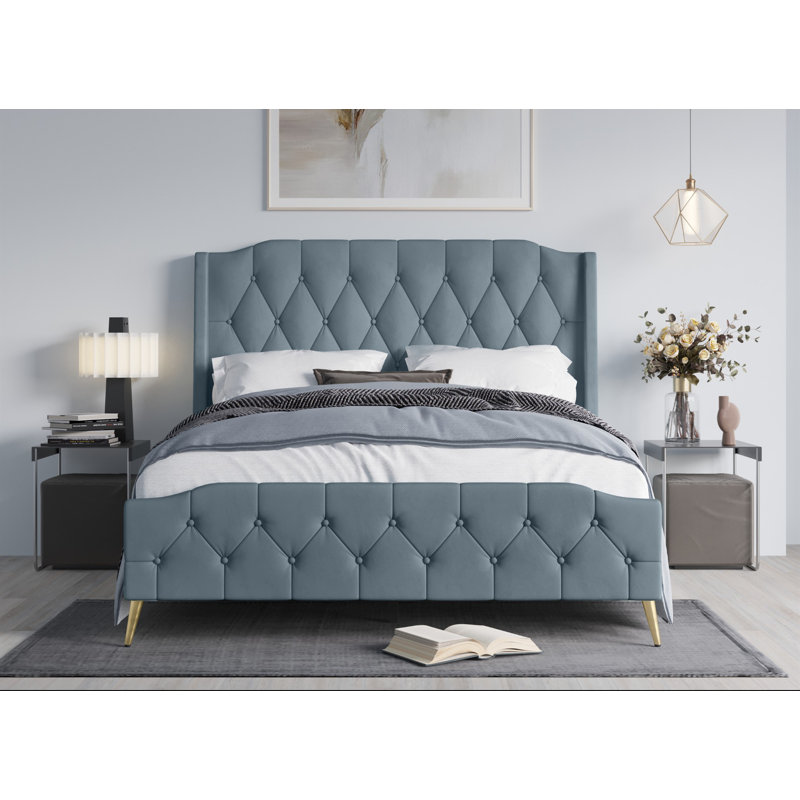 Lit tapissier standard à profil bas Louise, Bleu, Complète