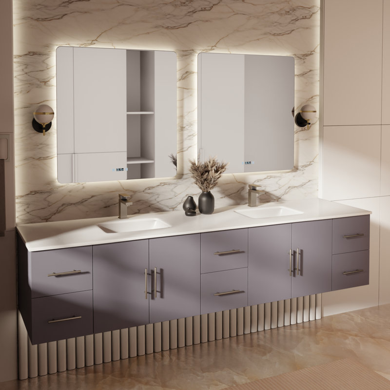 Ensemble de meuble-lavabo double mural 84 "avec miroir Geneva, Gris foncé, Marbre de culture blanc