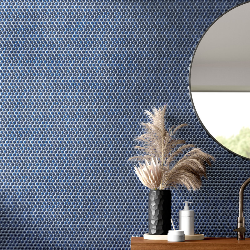Hudson Penny Round 11-7/8 " x 12-5/8 " Porcelain Mosaic Floor and Wall Tile, Smoky Blue