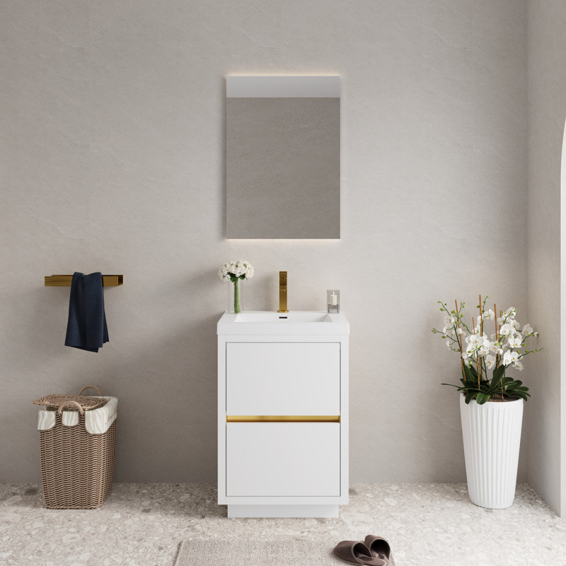 Meuble-lavabo autoportant de 24 po avec lavabo, blanc brillant. Installation facile. Rangement intérieur généreux. Comptoir en résine de pierre. Armoire en bois pré-assemblée. Espace de rangement spacieux. Comptoir raffiné.