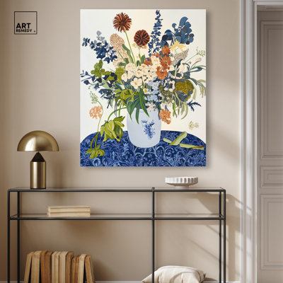 Dahlia Dream in Delft Blue Canvas Modern Farmhouse by Art Remedy