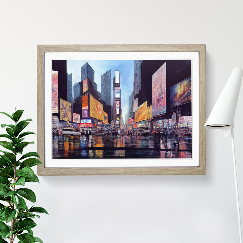 Times Square New York Watercolour Vol.1 - Framed Print, 46cm H x 64cm W x 2cm D, Oak Framed