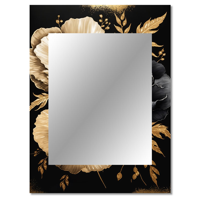 Black And Gold Hibiscus II - Hibiscus Unique Wall Mirror Decor, Traditional Large Mirror, Printed Metal Art, 40" x 30"