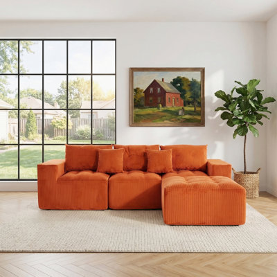 Canapé modulaire en forme de L de 101 po, canapé Cloud à 3 places confortable, tissu velours côtelé, avec repose-pieds mobile, ensemble de bricolage gratuit, convenant au salon, à la chambre à coucher ou à un appartement (orange)