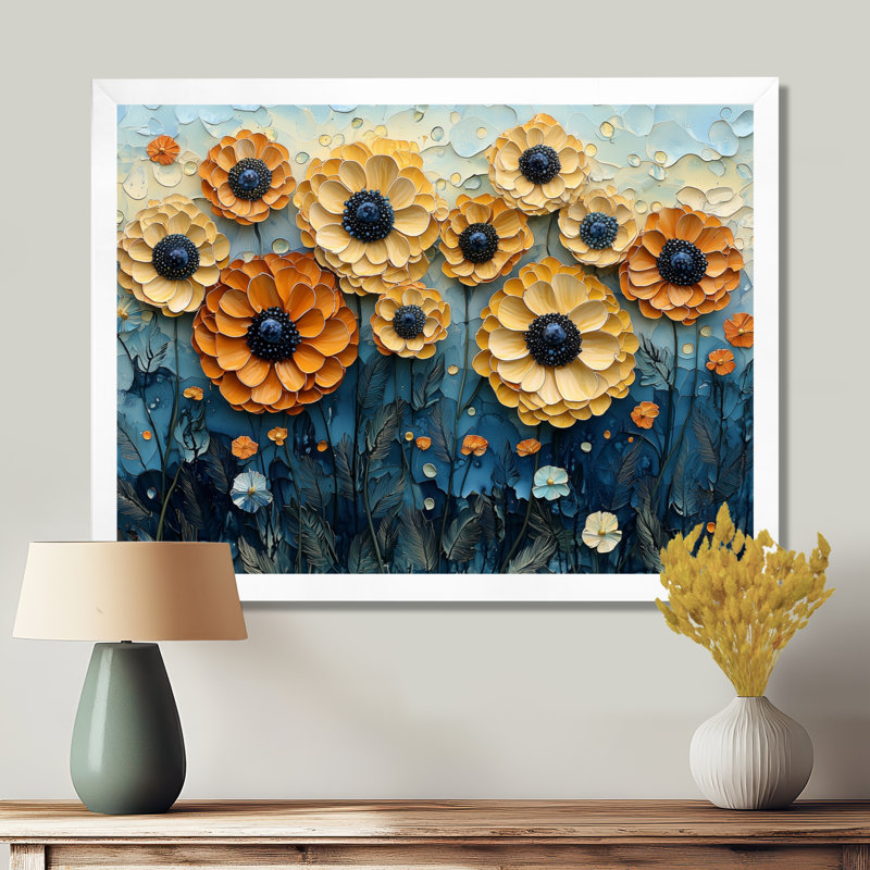 Collage géométrique «Marigold Field Collage I» - souci, H 16 po x l 32 po, Reproduction encadrée d'une seule photo, Blanc