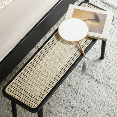 Banc de salle à manger en bois massif de style moderne avec détails en rotin, banc moderne pour la chambre à coucher, banc d'entrée, banc en rotin
