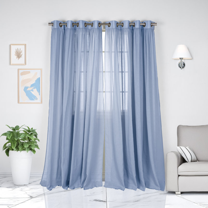 Gathered Linen-Textured Grommet Semi-Sheer Curtains (Set Of 2), 52" W x 84" L, Sky