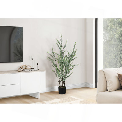 Plante artificielle, eucalyptus, intérieur, faux, faux, plancher, verdure, pot, décoratif, feuilles vertes, pot noir