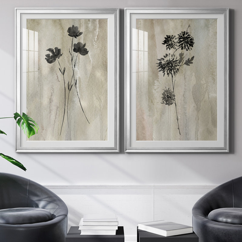 «Sumi-E Silhouette III», ensemble de 2 reproductions d'art, Impression encadrée avec passe-partout, H 26,5 po x l 73 po