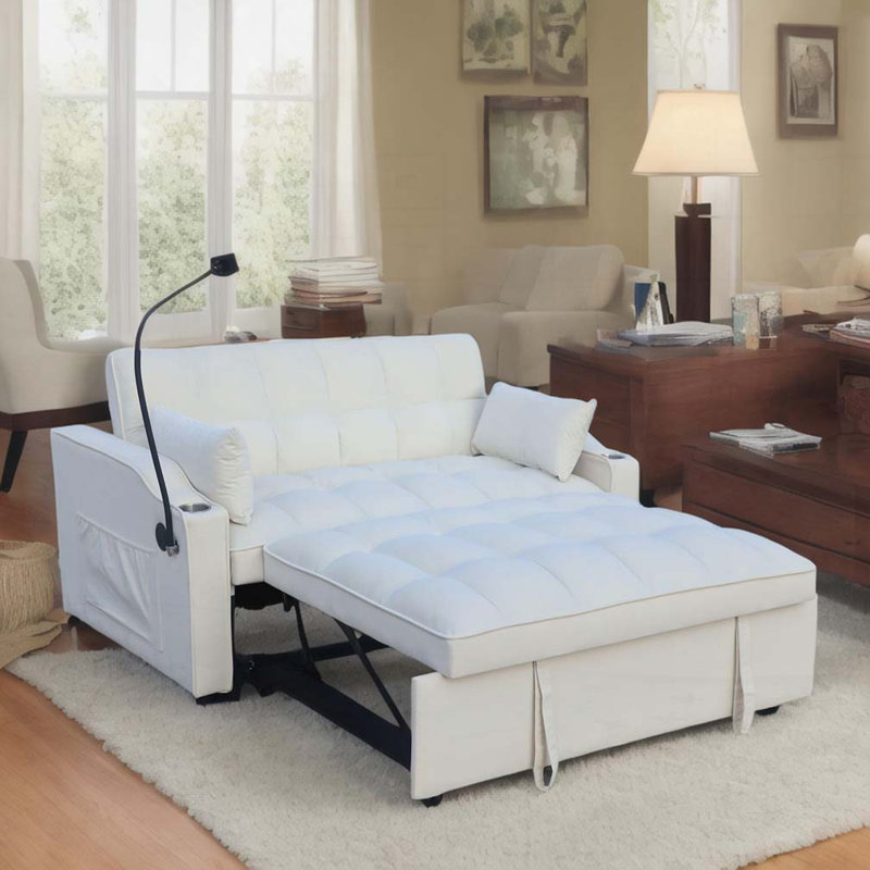Canapé-lit en velours avec futon et causeuse, Beige