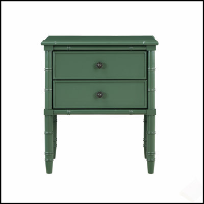 Table de chevet 2 tiroirs Emmett avec style rétro, glissières pleine extension et pieds sculptés en bambou pour un rangement élégant