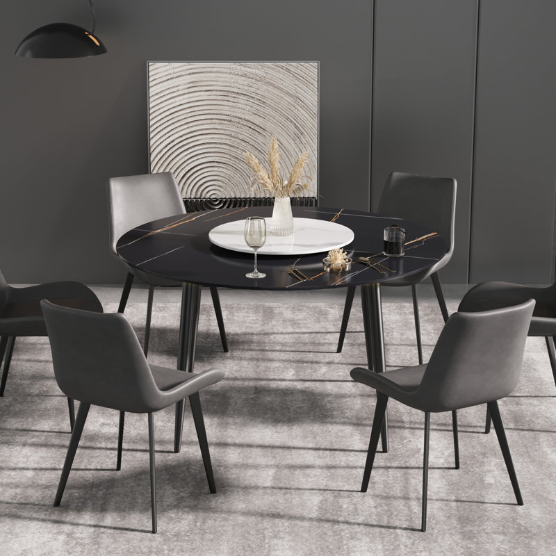 Four-Leg Round Sintered Stone Dining Table With Lazy Susan, Black, Black/White