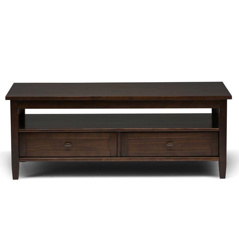 Warm Shaker 48"W Solid Wood Transitional Coffee Table with Storage Drawers and Open Shelf, Tobacco Brown