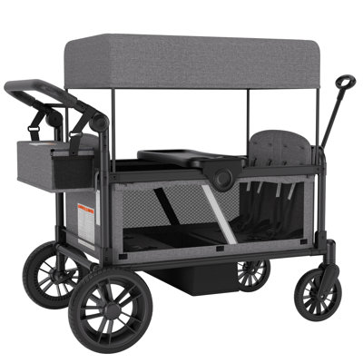 Wagon pliable à 4 places pour enfants, conception à entrée latérale avec harnais de sécurité à 5 points, poignée réglable à pousser et tirer et auvent amovible, chariot pour enfants d'extérieur