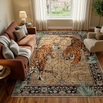 Goldene Vintage Tiger Desert Brown Washable Fall Area Rug - Soft Cashmere Carpet for Living Room, Bedroom, or Office