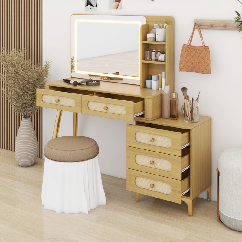 Coiffeuse en rotin rétro avec coiffeuse, miroir lumineux, 5 tiroirs et tablette de rangement, Naturel