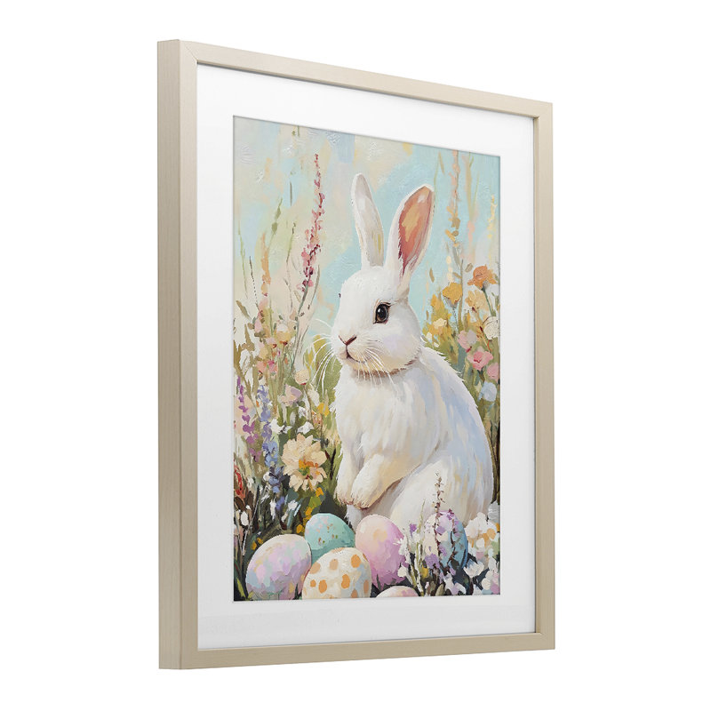 Lapin de Pâques blanc avec fleurs sauvages encadrées, conception par The Prints Vibe, 21 x 17