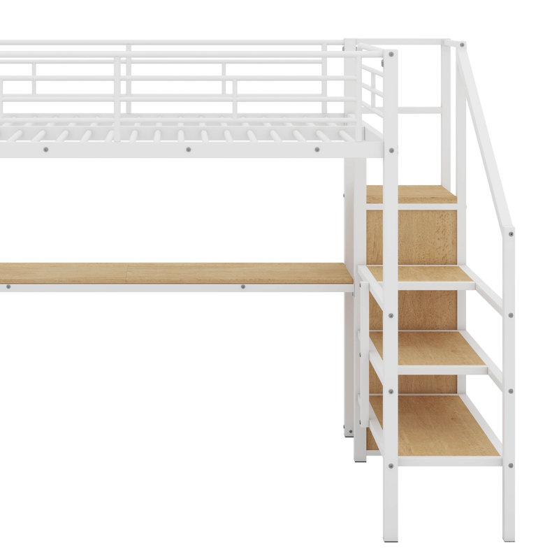 Lit mezzanine double en métal avec bureau, garde-robe et lumière DEL, Blanc