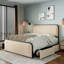Lit très grand moderne en métal beige avec tête de lit tapissier incurvée et 4 tiroirs, structure de surface confortable sous la peau, assemblage facile