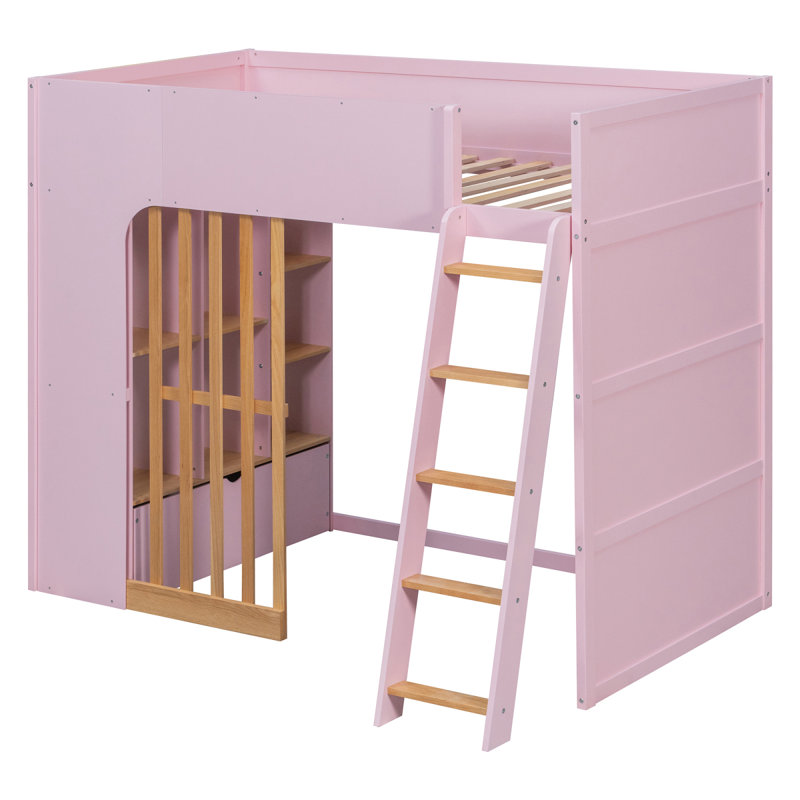 Lit mezzanine simple avec tablettes, lit mezzanine en bois avec échelle et tablettes de rangement, rose et chêne naturel