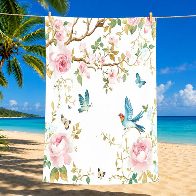 1Pcs Floral Birds Beach Towel, featuring elegant pink roses, lush green leaves, and delicate blue butterflies birds. Vibrant watercolor art style, perfect for, picnic, travel.
