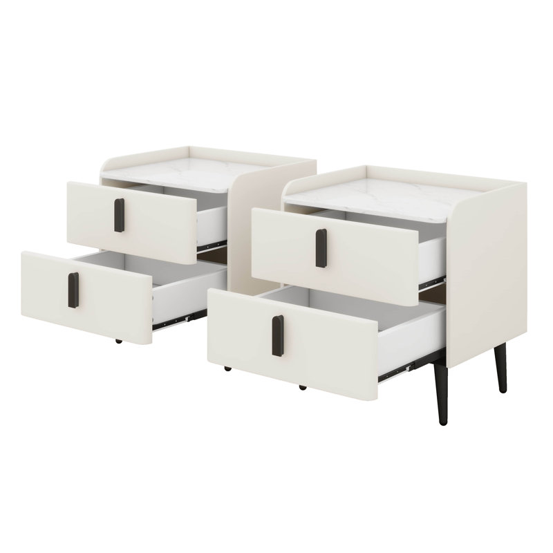 Ensemble de 2 tables de chevet, table de chevet avec rangement à 2 tiroirs et plateau de table en marbre, table d'appoint moderne, table de bout